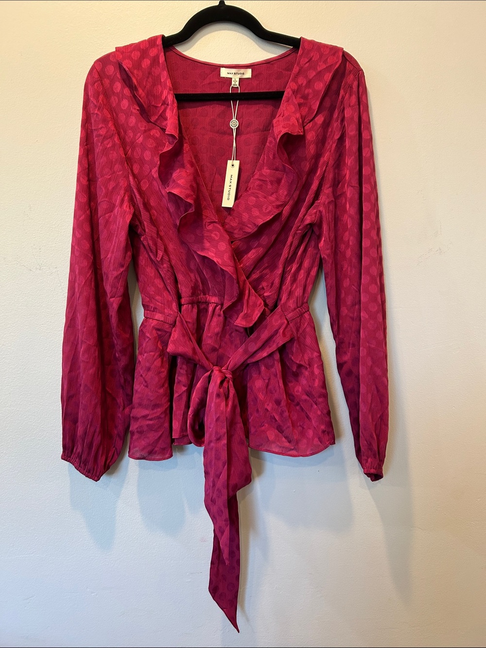 Max Studio Fuchsia Polka-Dot Wrap Top with Ruffle Trim